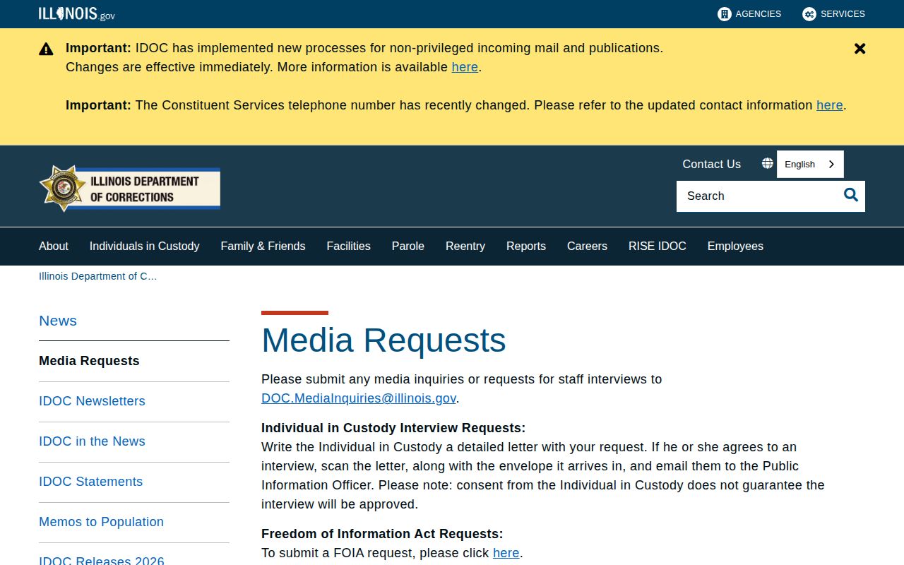 Illinois Department of Corrections photo access notice for Pulaski County state custody