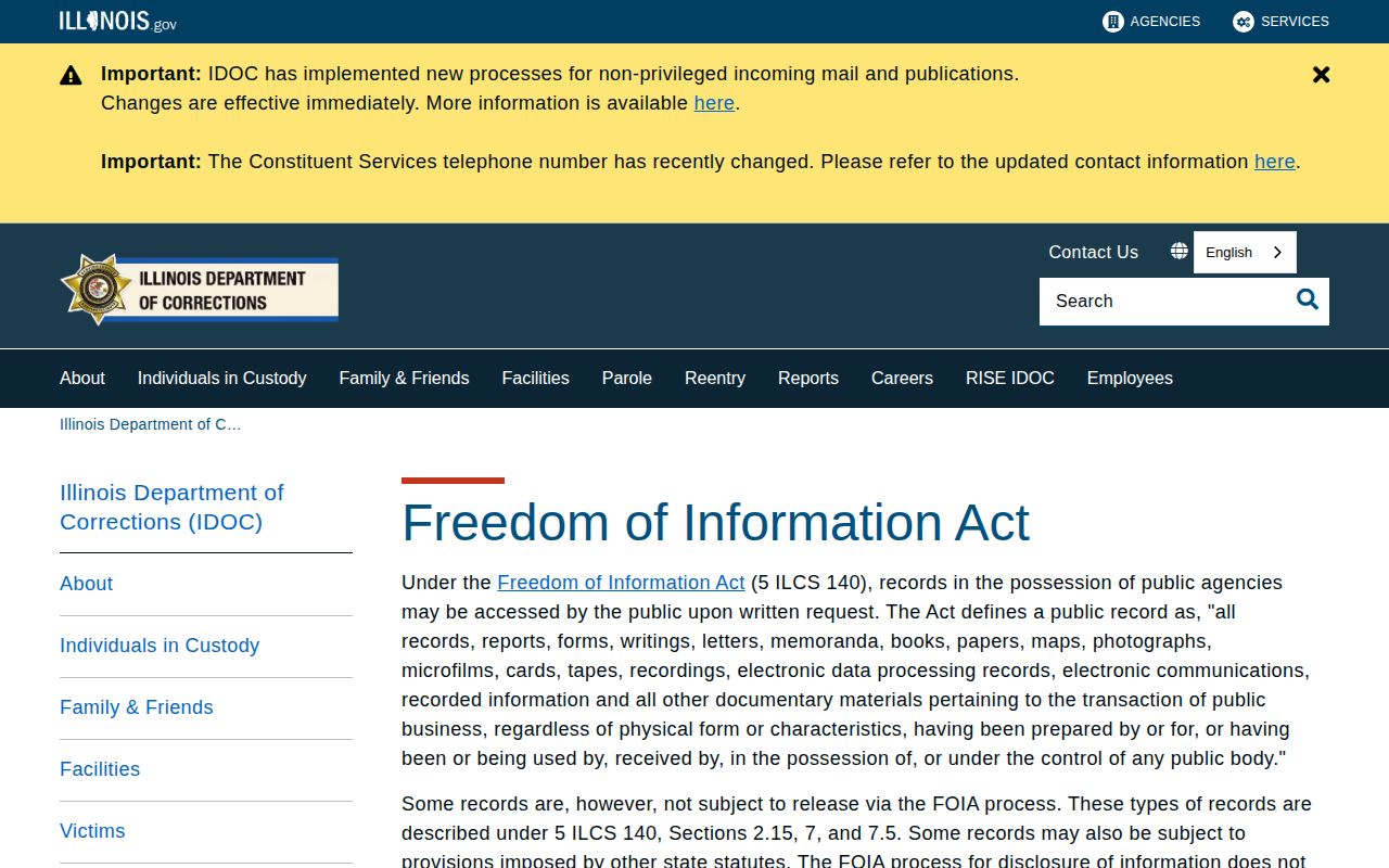 Illinois Department of Corrections FOIA information for Pulaski County custody records