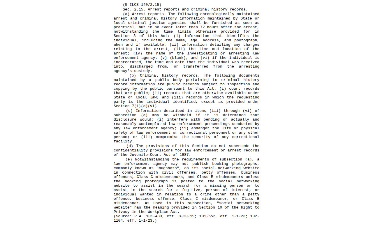 Illinois arrest-information statute source for Pulaski County booking records