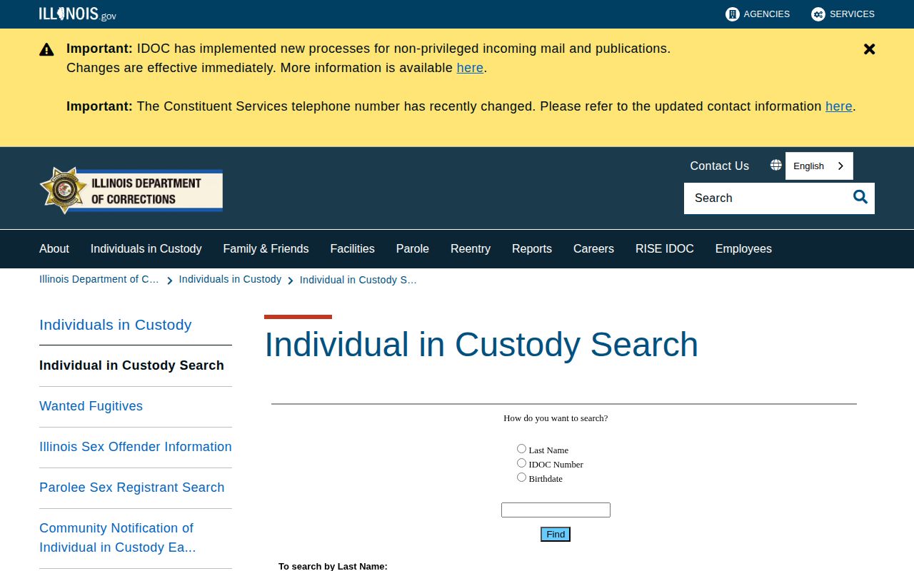 Illinois Department of Corrections state custody search for Pulaski County record access